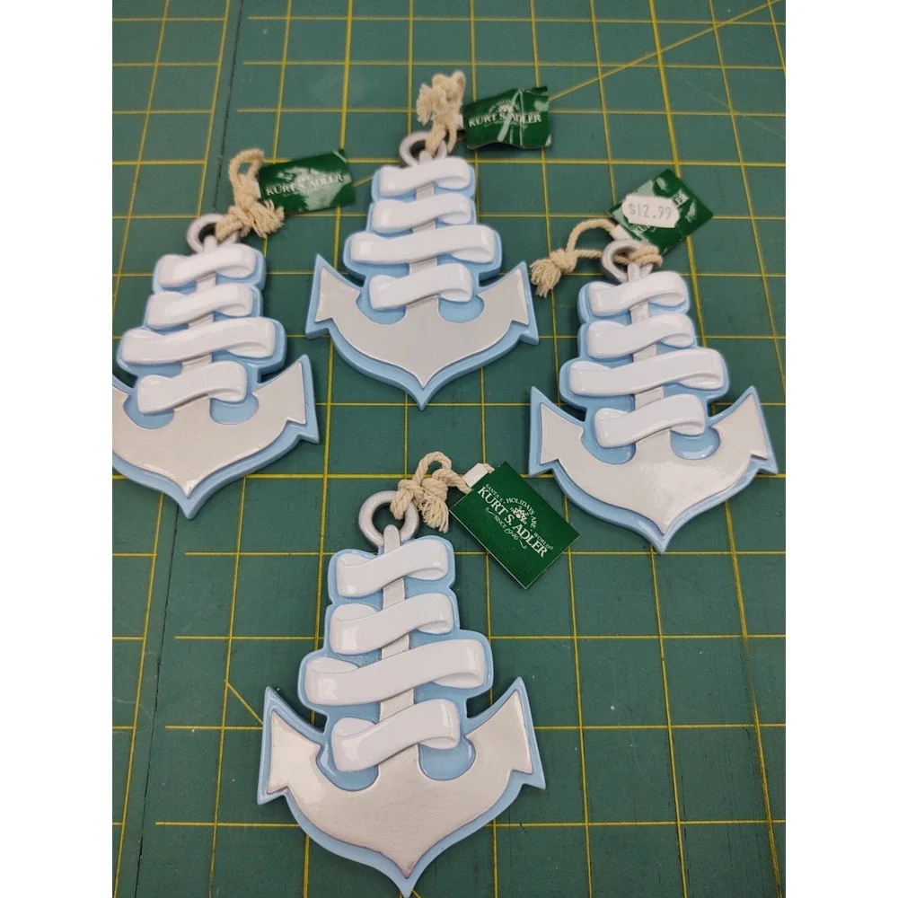 NEW Kurt S. Adler Resin Blue Anchor Christmas Ornaments Coastal‎ Beach Set of 4